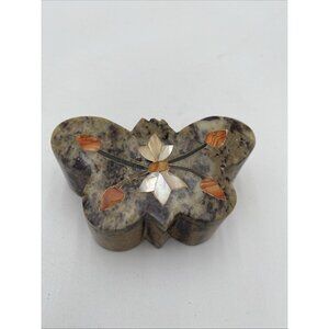 Vintage Soapstone Butterfly Trinket Box w/ Inlay Mother Of Pearl  Brown Orange
